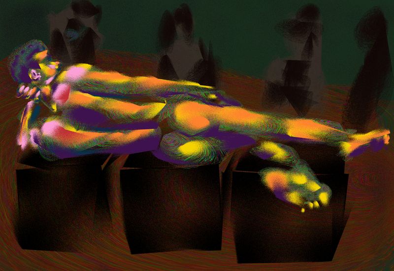A digital HEAVYPAINT drawing of a figure lying with one leg back.