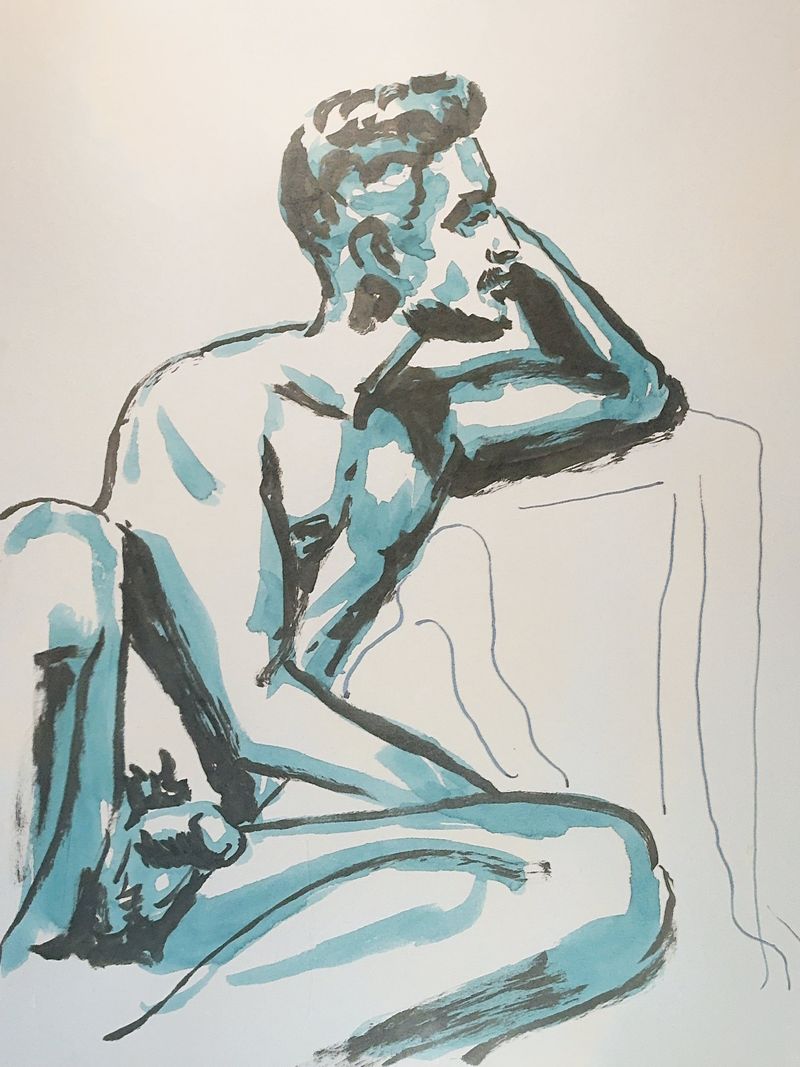 Nick leaning on a cube with his arm crooked, ink wash on toned paper.