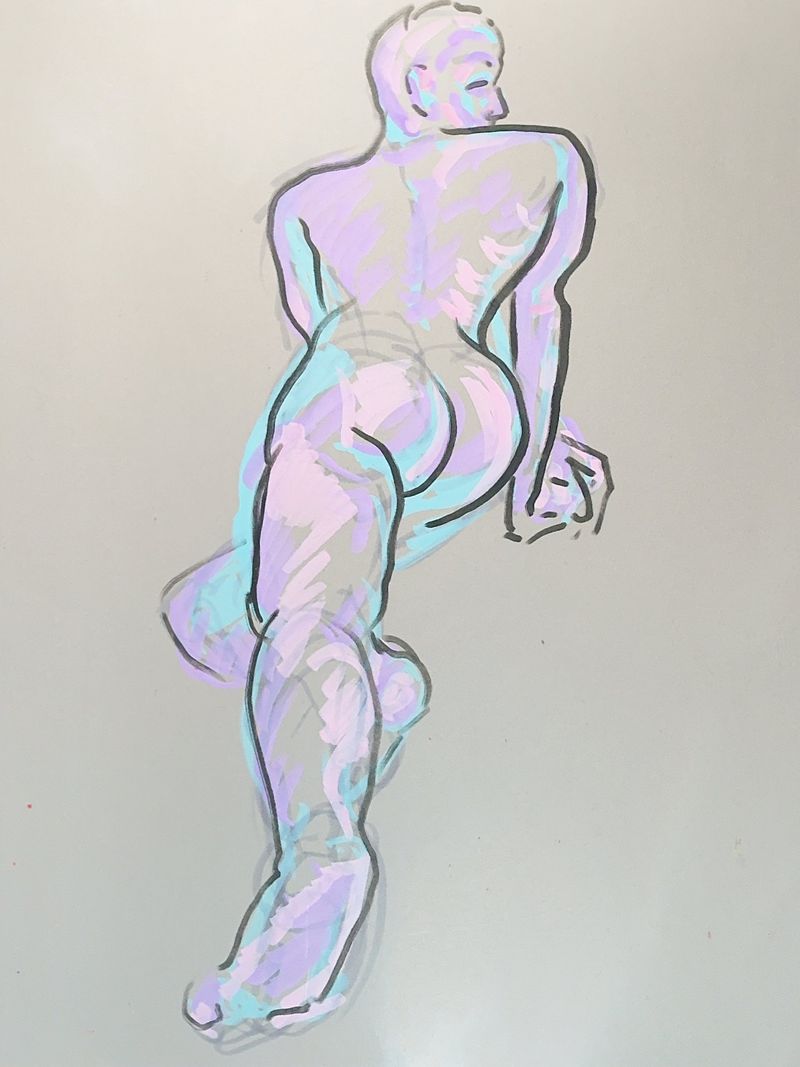 Eric twisted in a standing pose viewed from the back, drawn in acrylic marker on toned paper.