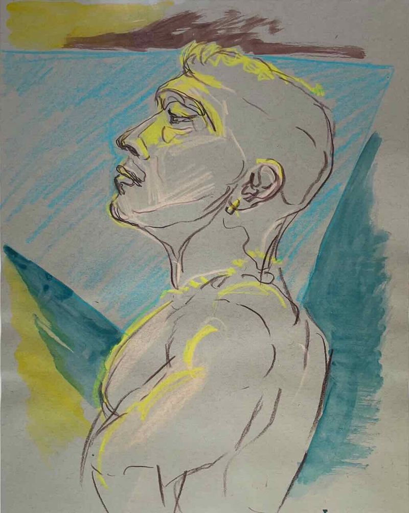 10 minute portrait drawing of Damien- portrait in colored pencil with watercolor wash