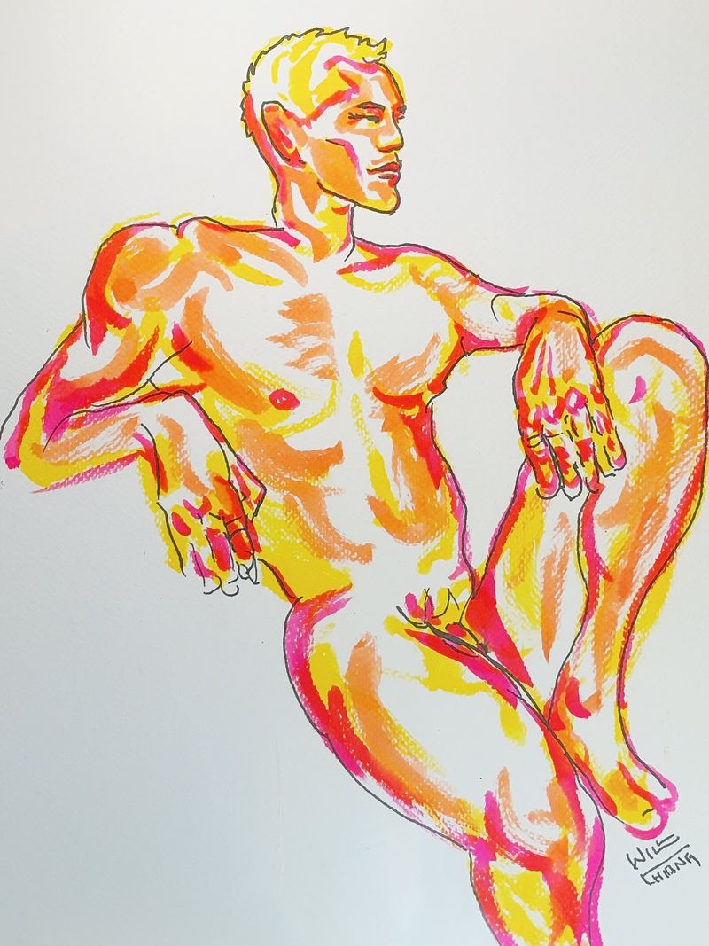 Eric sitting with one knee raised, drawn in watercolor marker on Bristol paper.