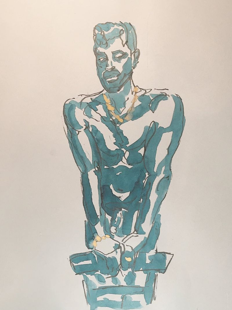 A watercolor drawing of Ahmad seated on a chair