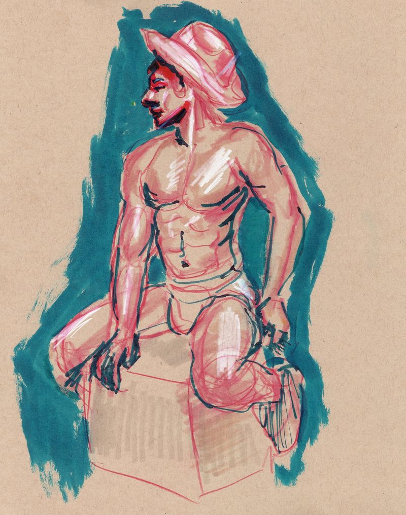10 minute pose - Pencil and wateercolor marker.