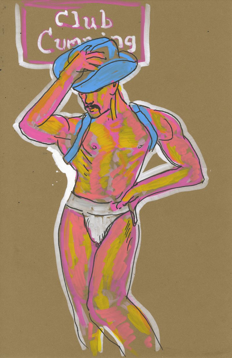 A standing drawing of Michael in a cowboy hat with acrylic markers on toned paper.