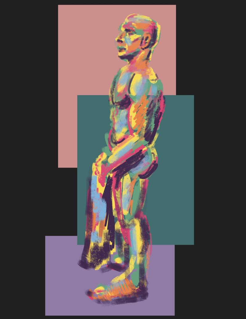 Standing male figure wrapped in a towel