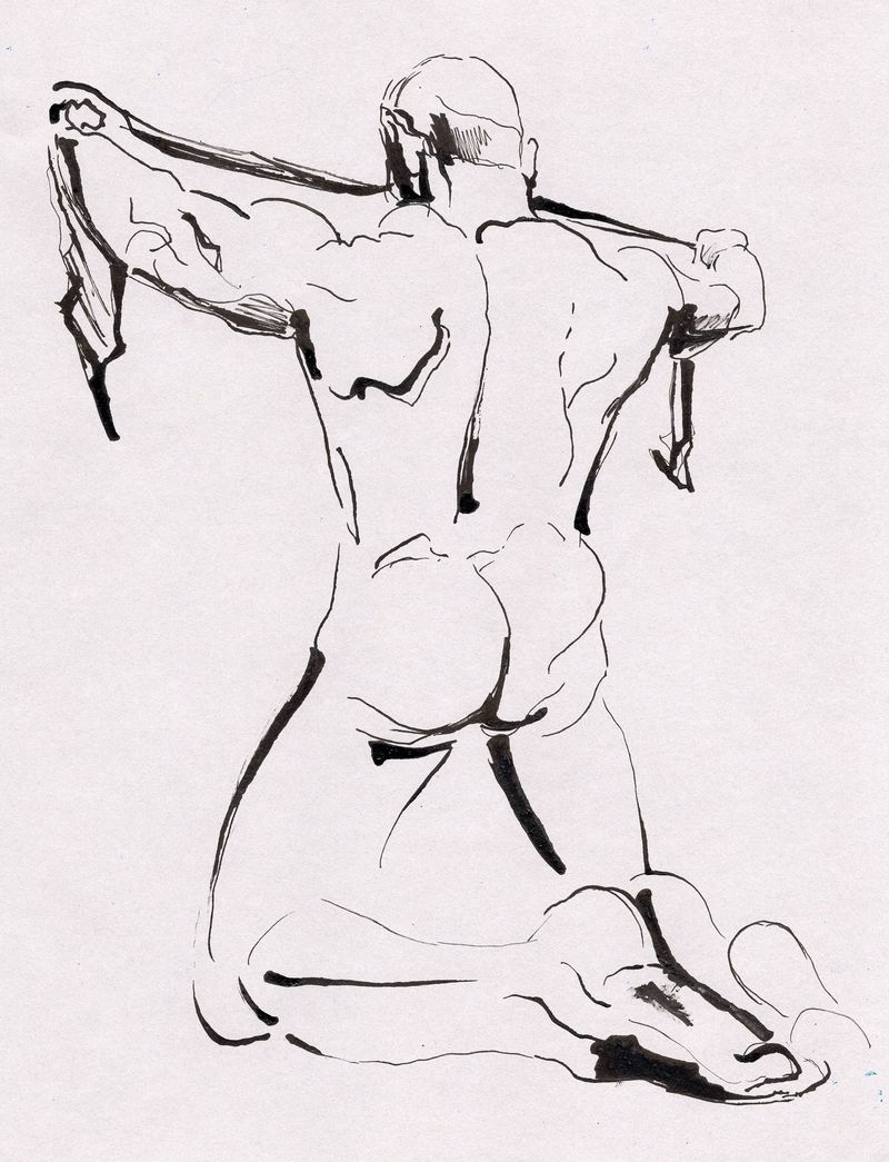 A drawing in dip pen using black ink stretching a towel.