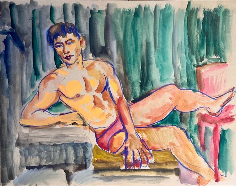 Larry posing for drink and draw at club cumming. Watercolor and gouache on toned paper.
