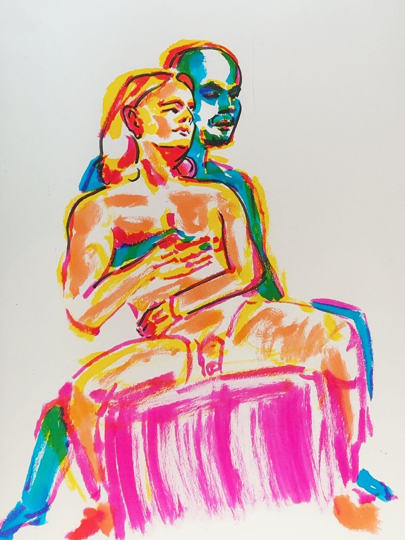 Two figures embrace while seated in this watercolor marker drawing.
