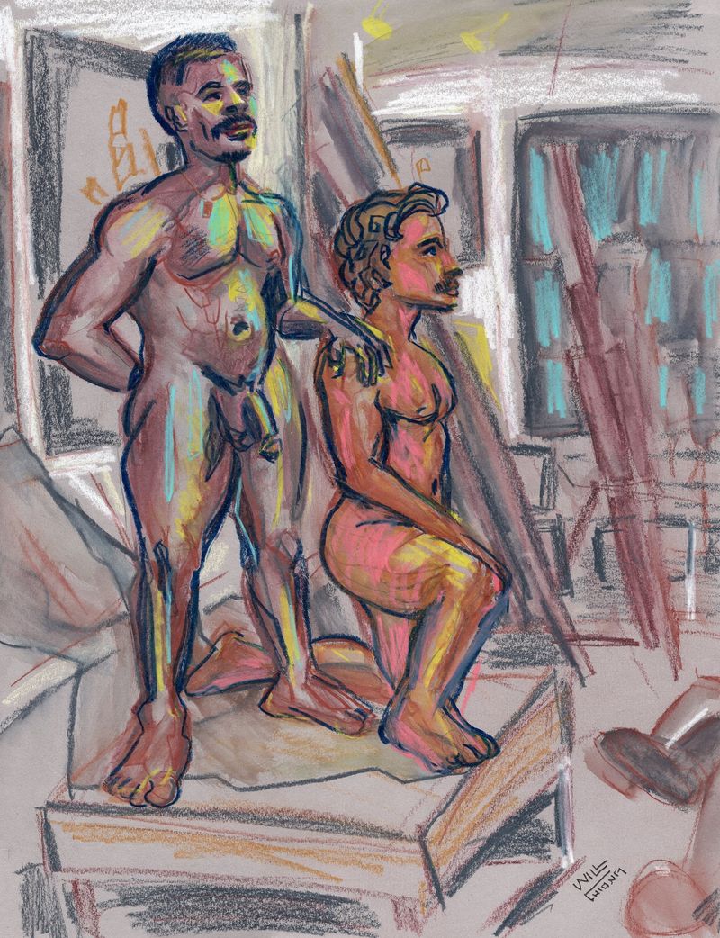 Drawing of two nude male models posing at Mark Beard's Atelier