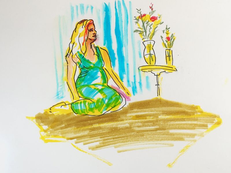 A watercolor marker drawing of Jade kneeling.