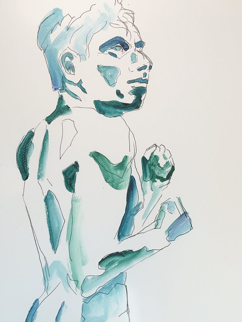 Herson throwing a punch, acrylic marker on toned paper