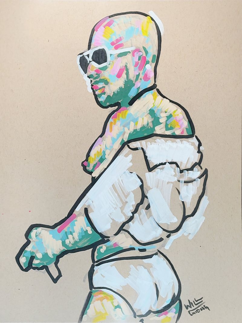 Leo standing with shirt half off, drawn with acrylic markers on toned paper.