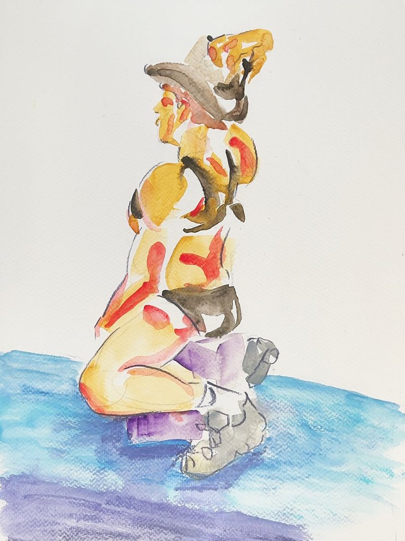 Victor kneeling on a box in a cowboy hat and harness, drawn with acrylic markers on toned tan paper.