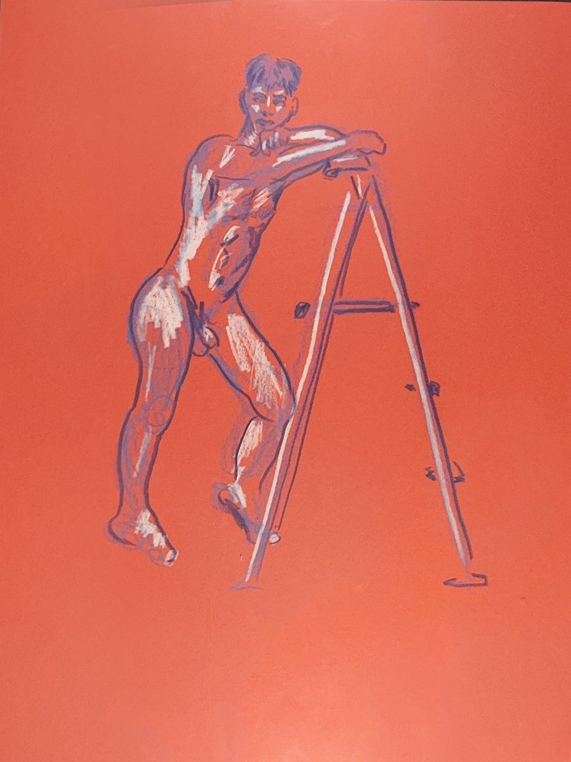 Larry stands and rests his arm on a ladder in this figure drawing.