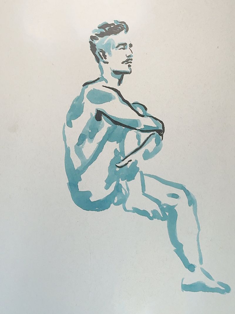 Nick seated and clutching his knee, watercolor marker on toned paper.