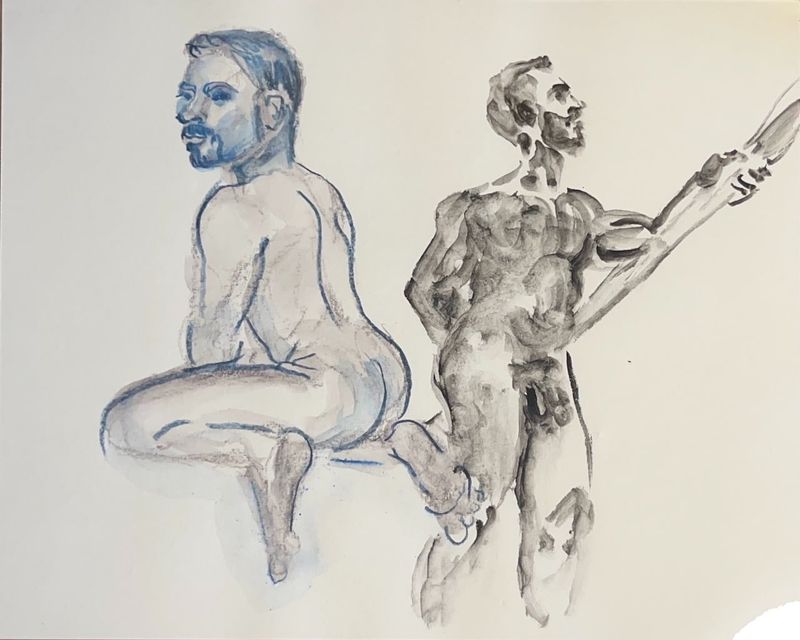 Gestures- 5 minute poses- wet charcoal and colored pencil