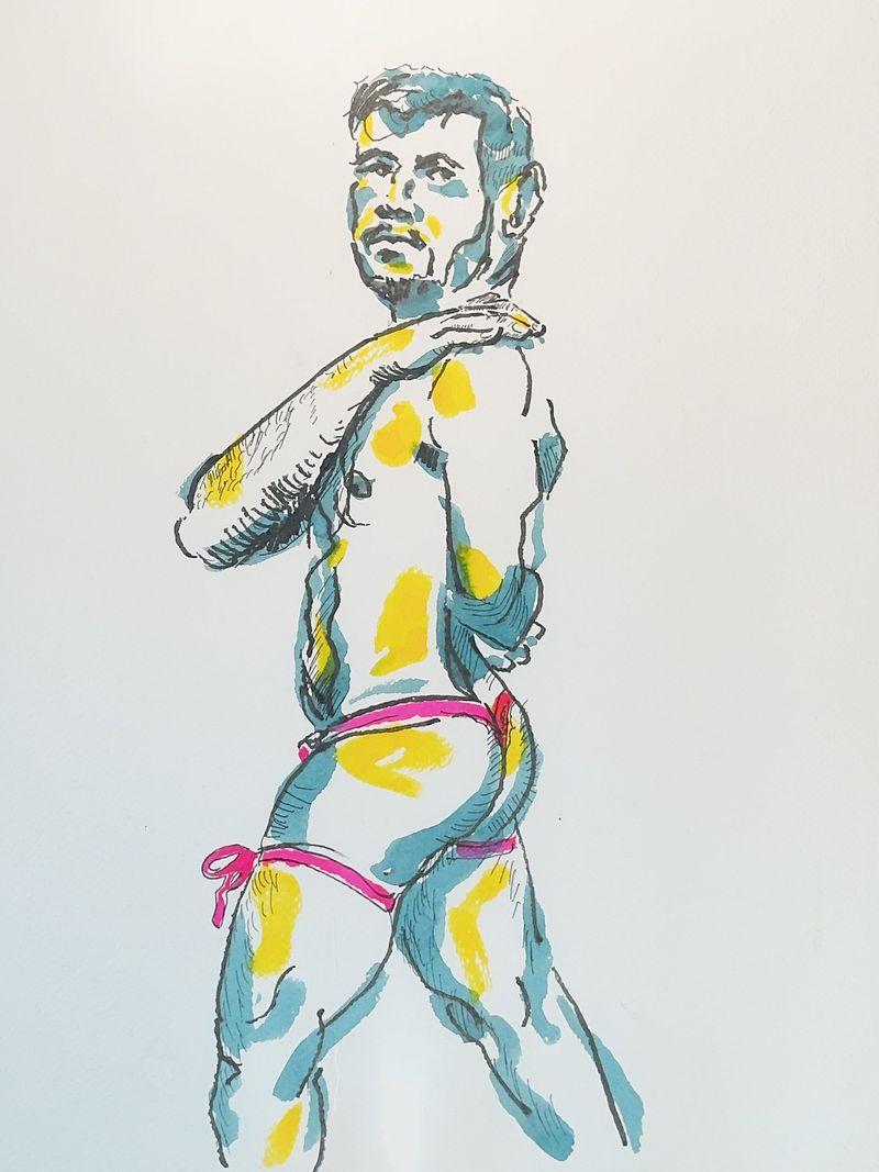 Nicholas in side profile with ribbon and leg detail.