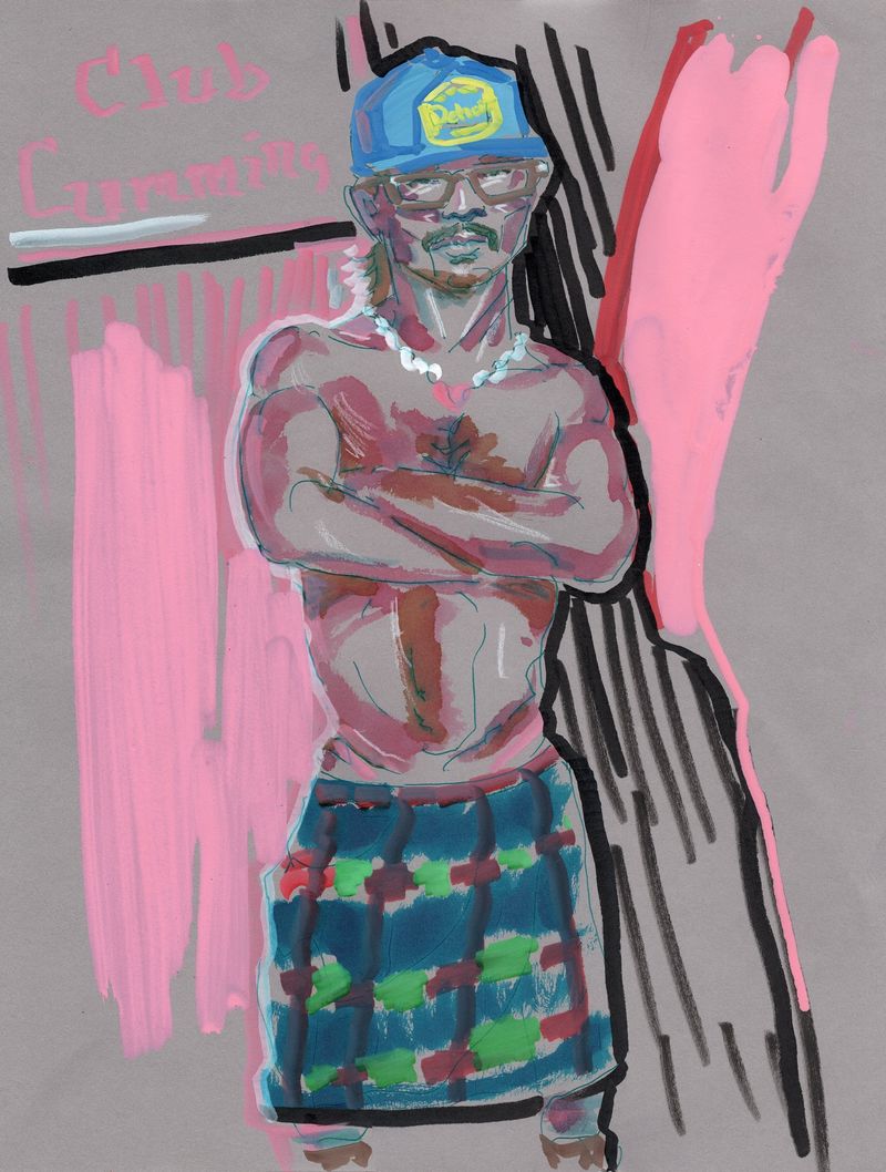 10 minute pose- a drawing of Daniel in gel pen, watercolor marker, and posca mop brush on toned paper.