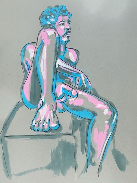 Jason seated on a cube, drawn in acrylic marker on toned paper.