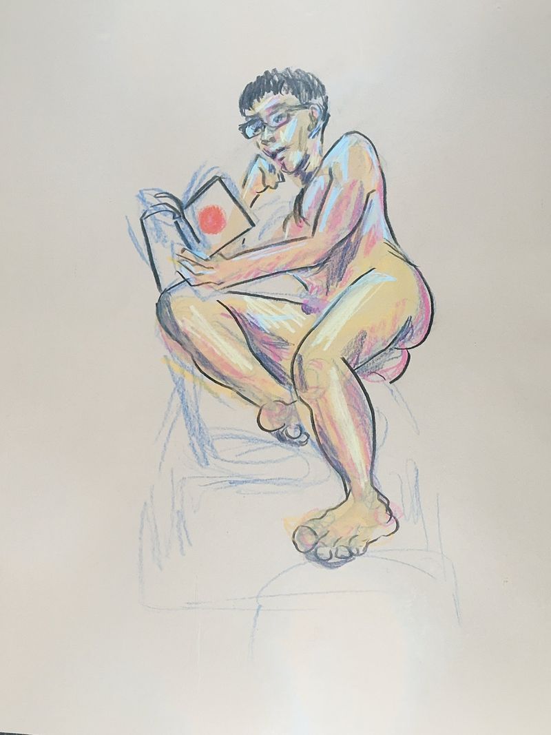 Larry reclines and reads a book, drawn in colored pencil on tan toned paper.