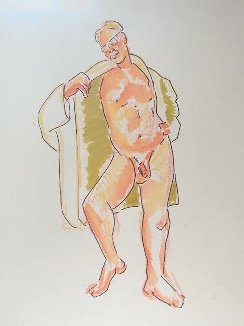 Billy wearing a robe, drawn in colored pencil.