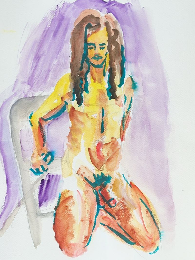Joey kneeling in front of a folding chair, rendered in watercolor.