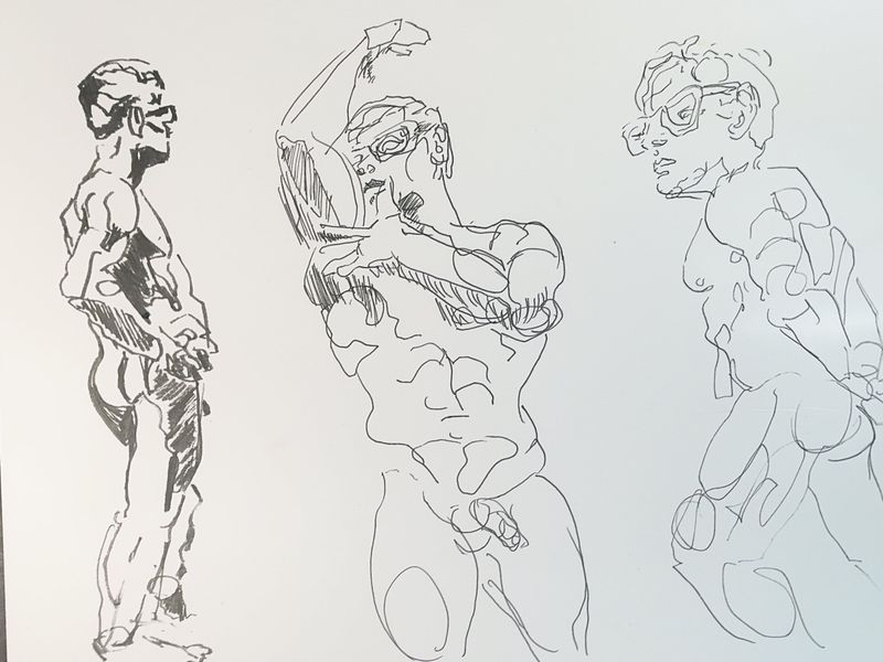 5-minute warmup sketches of Herson, acrylic marker on toned paper