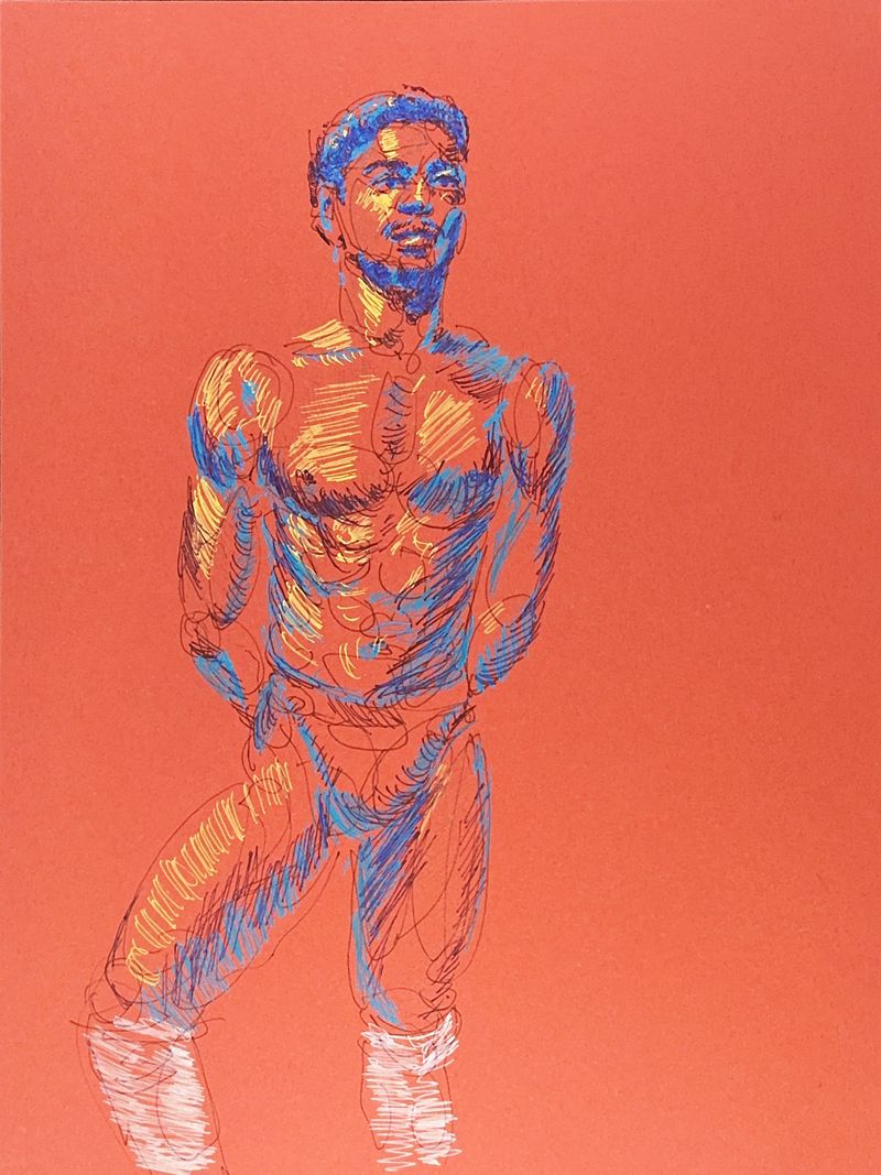 A ballpoint pen drawing of a standing model wearing a dance belt.