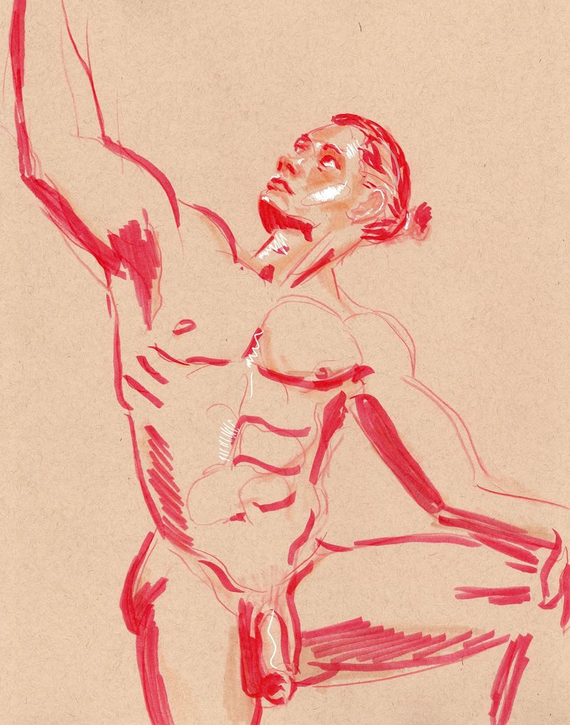 Randall looking up at his hand. Pencil and marker on toned paper.