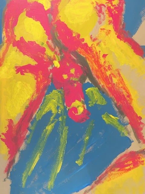 A gouache painting of Ethan, from the back