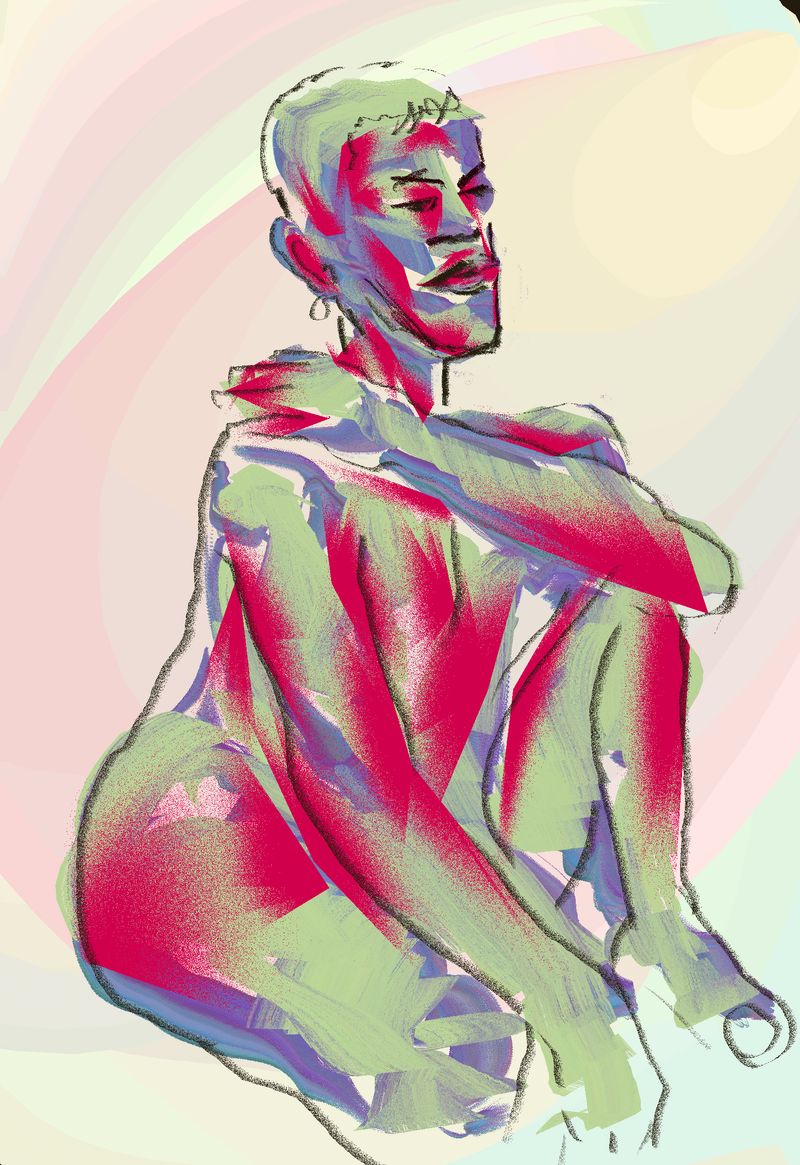 Digital painting of Eric sitting and clutching his knee, created in HeavyPaint.