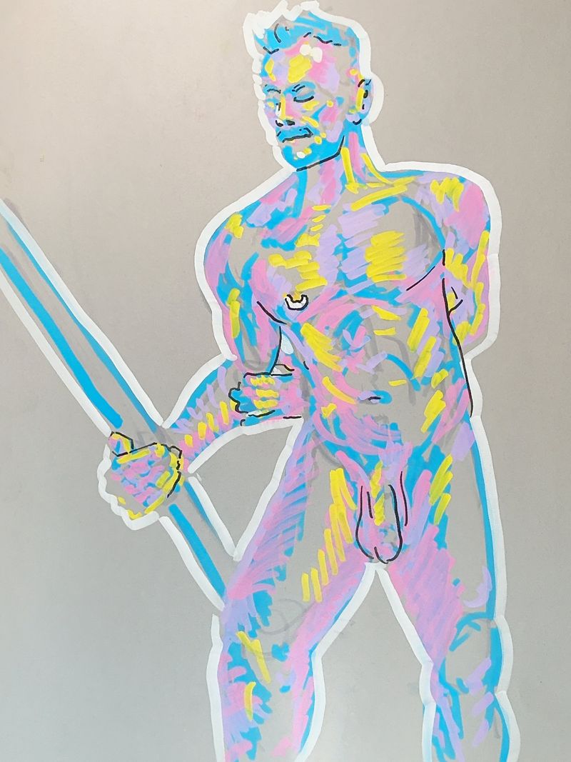 A model holds onto a pole attached to the ceiling in this acrylic marker drawing on toned gray paper.