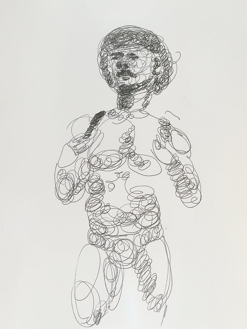 Victor wearing a hat and clutching a harness, drawn in scumbling fineliner on Bristol.