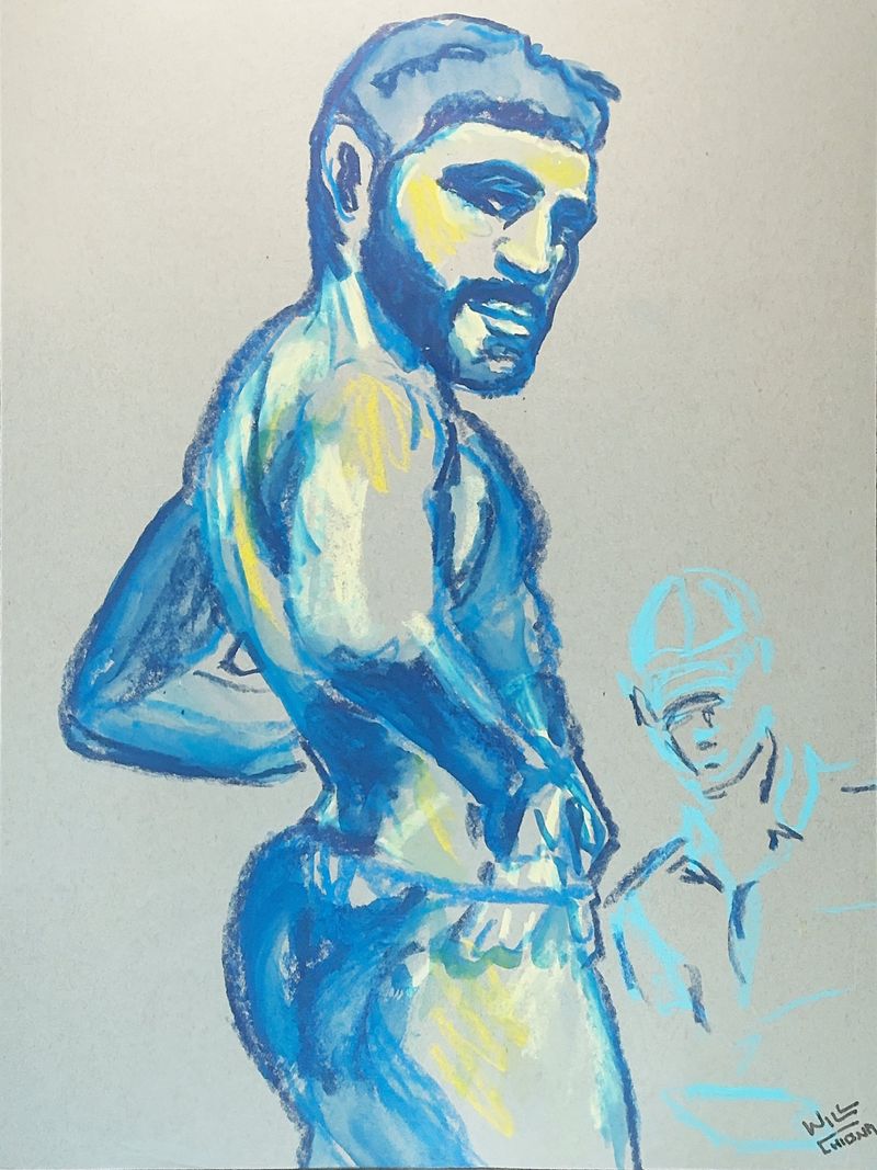 A blue crayon drawing of Tommy looking forward, on toned paper