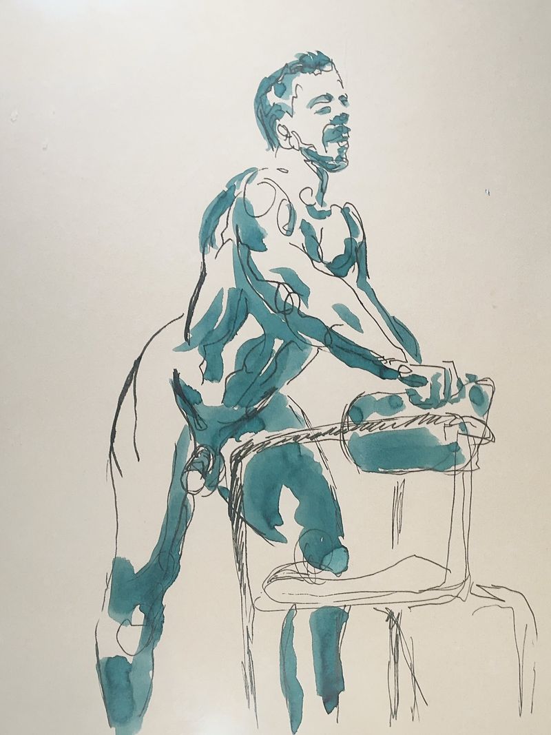 Model leaning on chair in ink wash