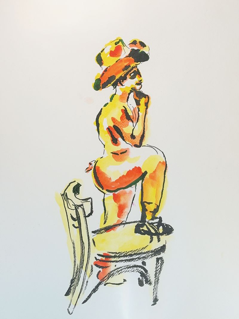 Devan in a cowboy hat, watercolor on toned paper.