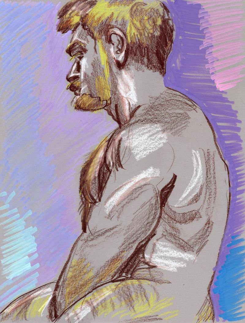 A drawing of michael in acrylic on toned paper