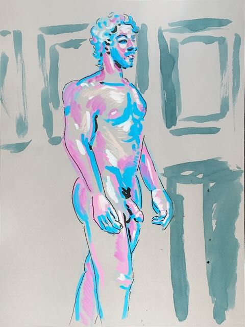 Jason standing in front of abstract shelving, drawn in acrylic marker on toned paper.
