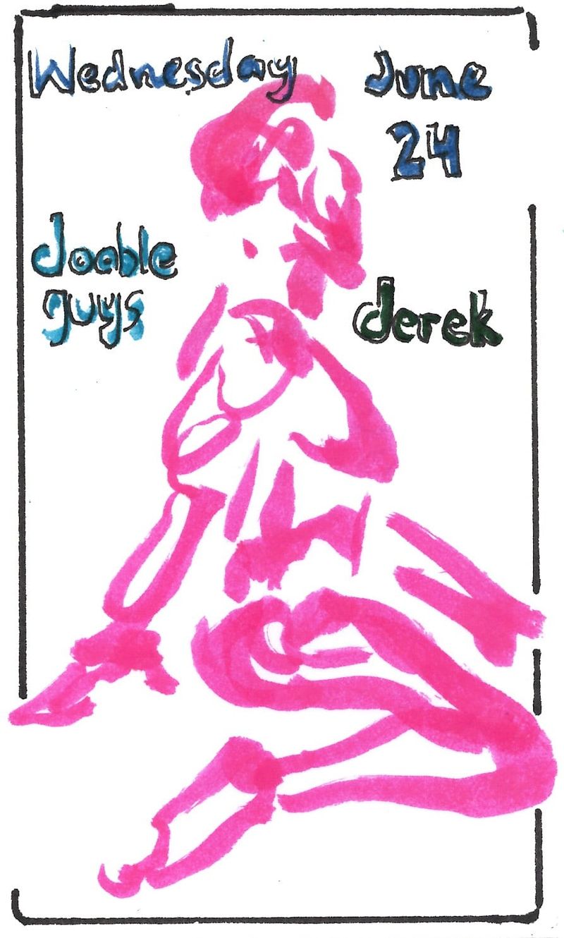 A journal sketch of Derek in a kneeling pose.
