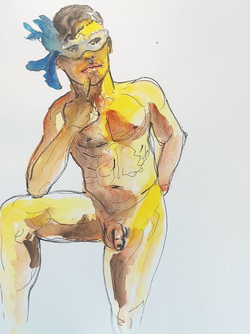 Herson wearing a feathered mask, watercolor on white paper