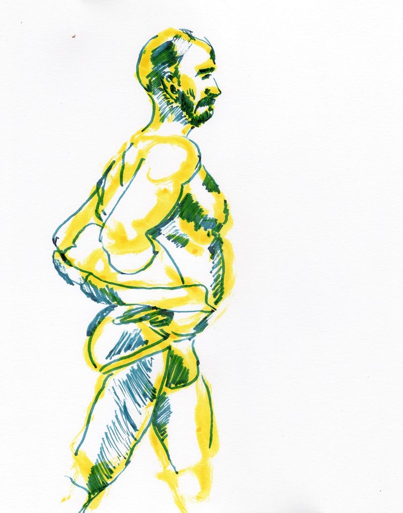 Watercolor marker and fountain pen on bristol. 10 minute pose.