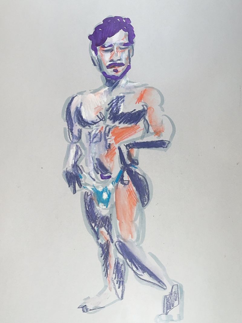 Zain holding a thong with bent leg, drawn in colored pencil and acrylic on toned paper.
