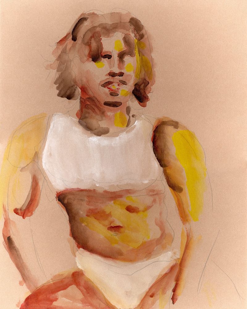 An impressionist watercolor of Valmir from a recent in-person life drawing session.