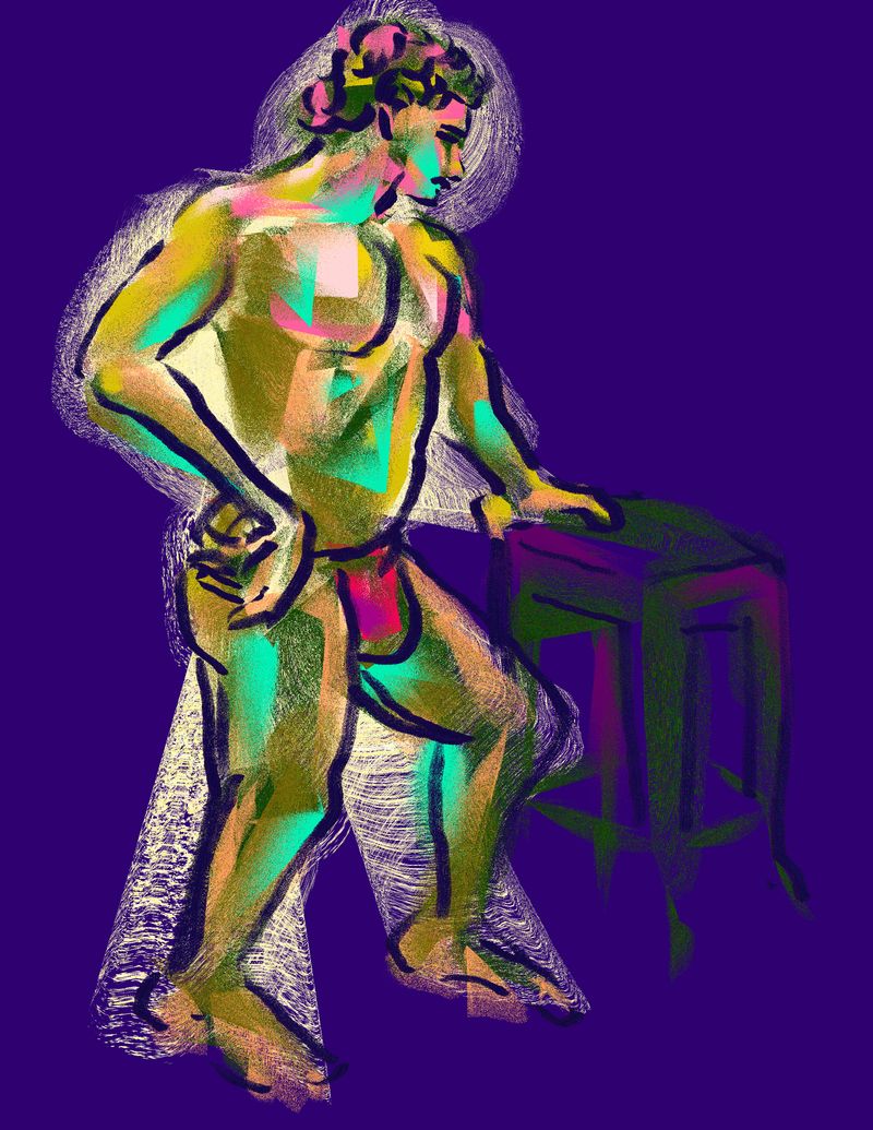 A digital HEAVYPAINT drawing of Zain standing with hand on stool, created with HEAVYPAINT app on iPad.