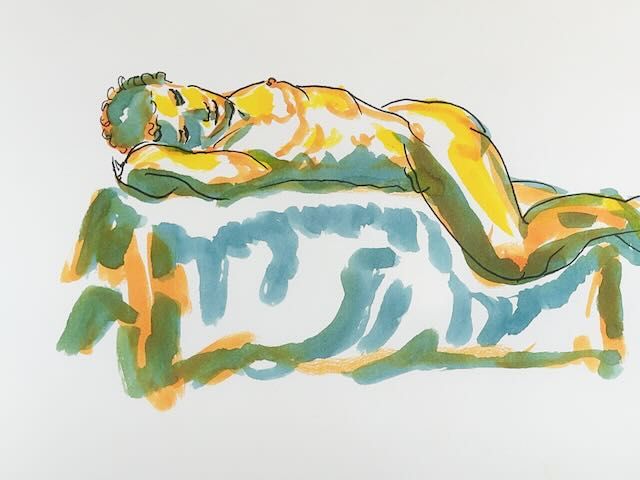 Three gesture drawings of Joshua in a supine twist and related reclining poses.