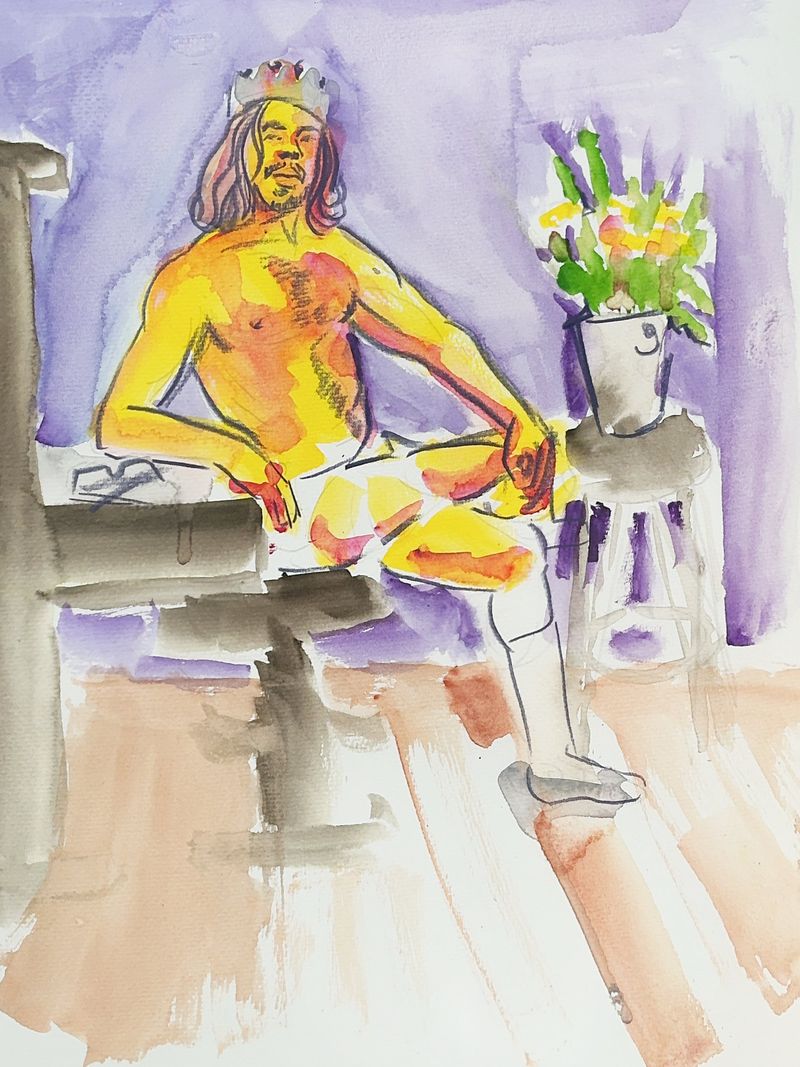 Watercolor drawing of Valmir seated with crossed legs and wearing a crown.