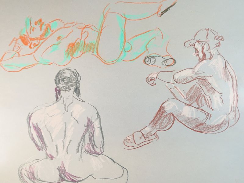 5-minute warmup gesture drawings of Jamie, marker and pencil on toned paper.