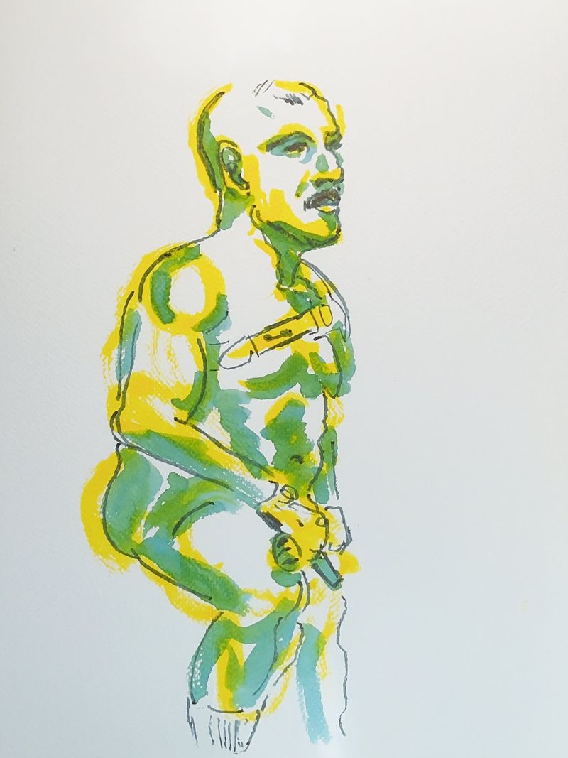 Michael seated in a leather harness, drawn in watercolor marker and fountain pen.