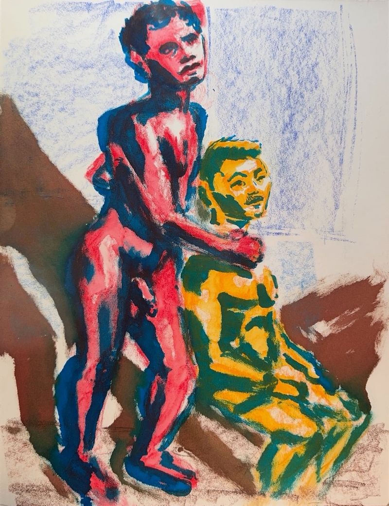 My first draft of this pose- 40 minutes on an easel using watercolor pastel and marker. I abandoned this one because I was getting tired of standing and didn't think I was capturing the angles right.