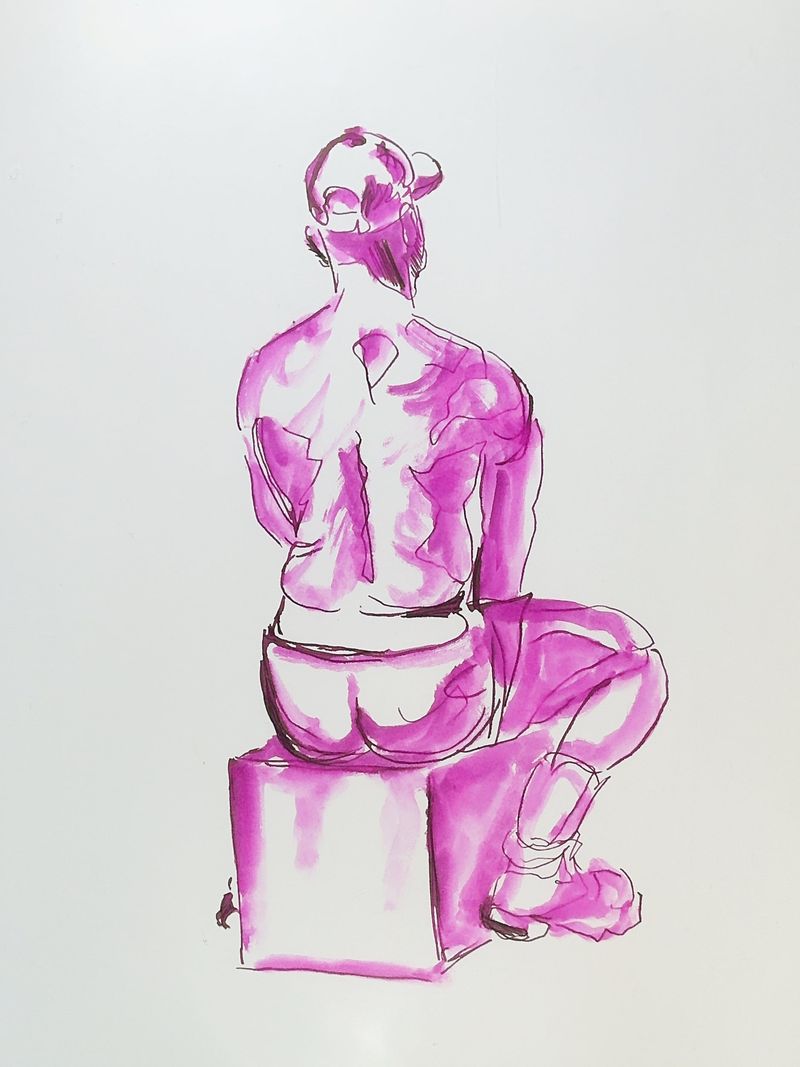 Pink watercolor drawing of Felipe seated with back view